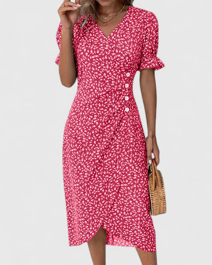 Comfortable Wrap Midi Dress for Women V-Neck Floral-Print Button-Detail