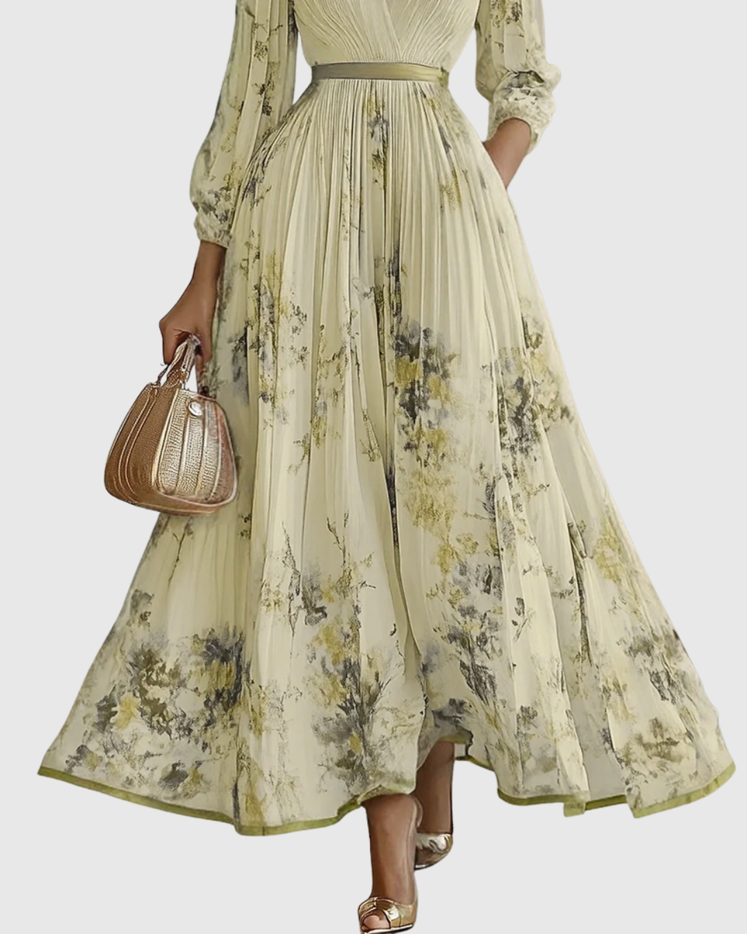 Elegant Pleated Maxi Dress for Women V-Neck Sleeveless Floral-Print