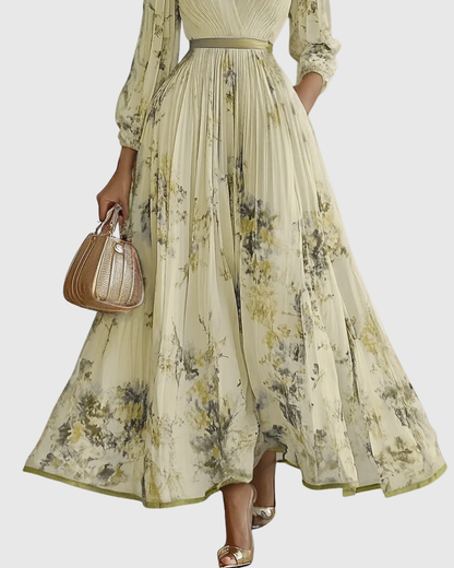 Elegant Pleated Maxi Dress for Women V-Neck Sleeveless Floral-Print