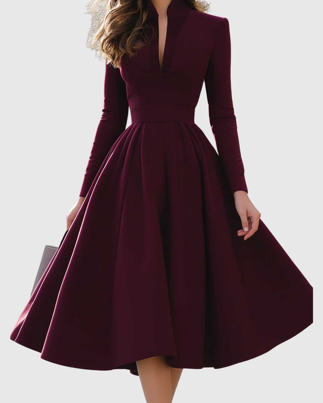 Elegant Midi Dress for Women V-Neck Long-Sleeve