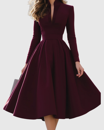 Elegant Midi Dress for Women V-Neck Long-Sleeve