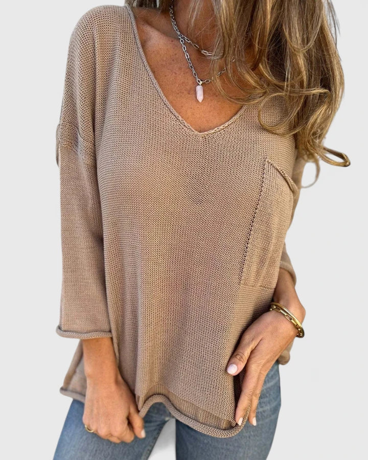 Comfortable Sweater for Women V-Neck Patch-Pocket Long-Sleeve