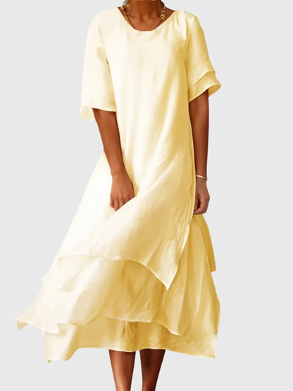 Elegant Midi Dress for Women Round-Neck Ruffle-Tiered