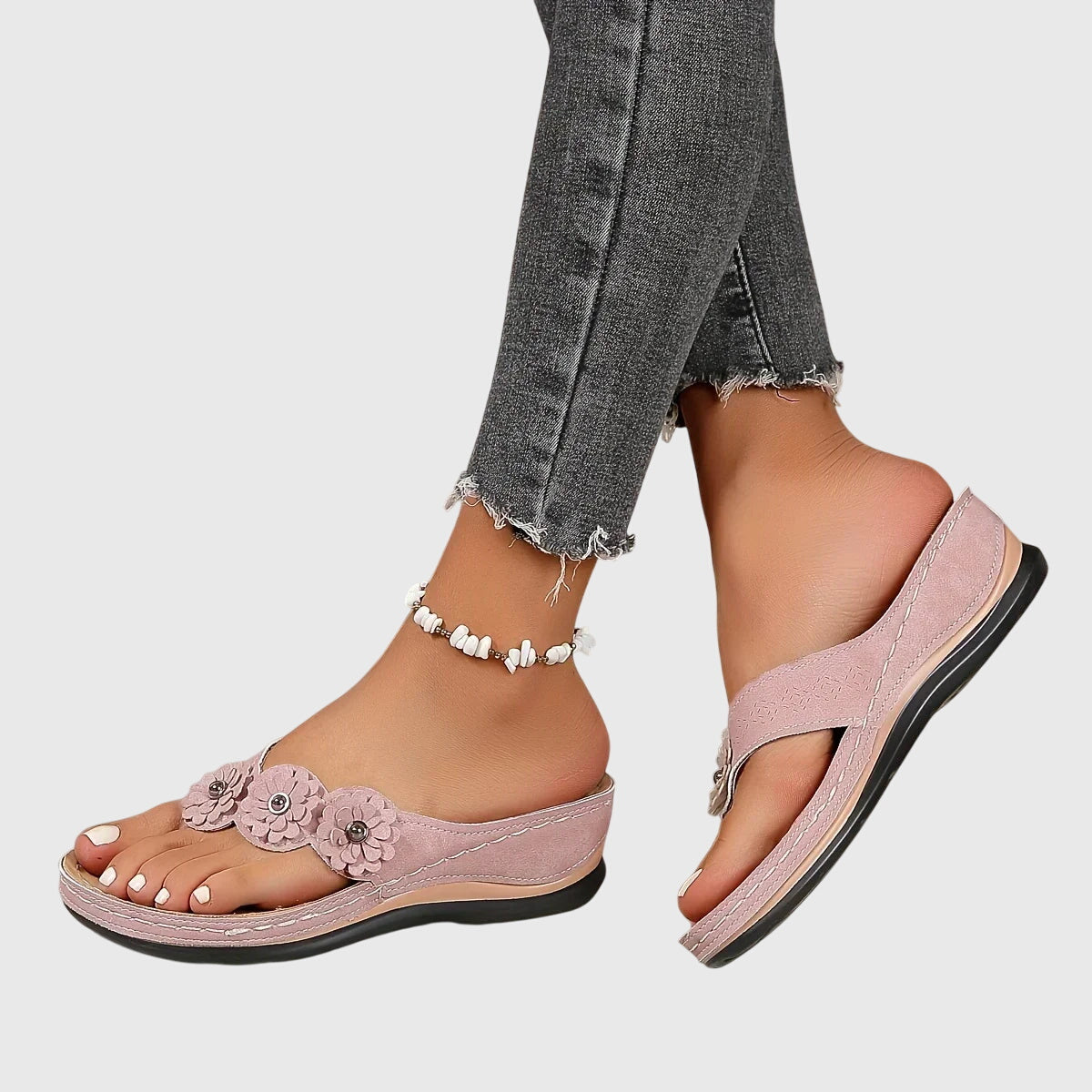 Comfortable Thong Sandals for Women Floral-Appliqué Wedge Slip-On