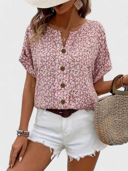Elegant Blouse for Women Floral-Print Button-Front V-Neck