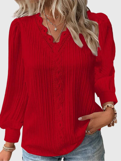 Elegant Blouse for Women Crochet-Trim Long-Sleeve V-Neck