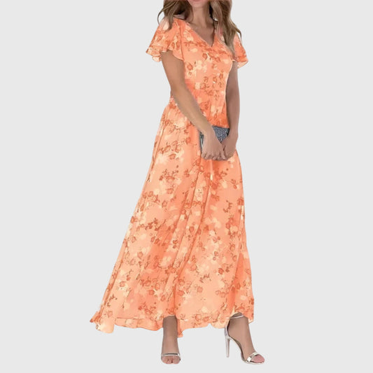 Elegant Maxi Dress for Women Ruffle-Sleeve Floral-Print