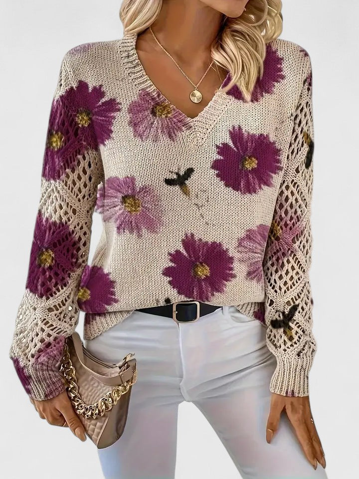 Elegant Pullover Sweater for Women V-Neck Floral-Crochet
