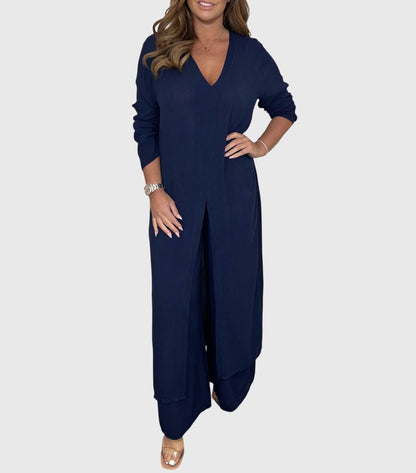 Elegant Two-Piece Set for Women V-Neck Tunic Wide-Leg