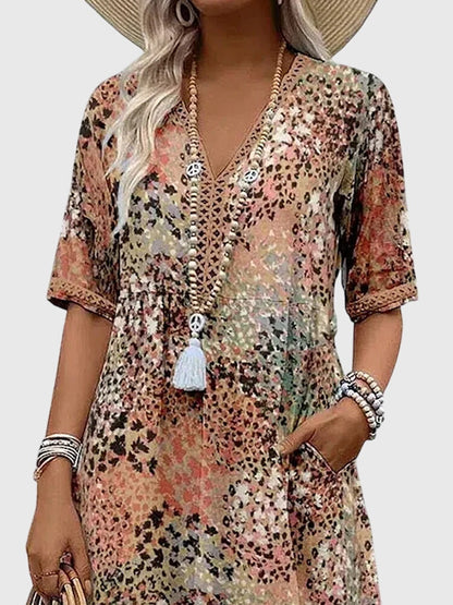 Elegant Midi Dress for Women Floral-Print V-Neck