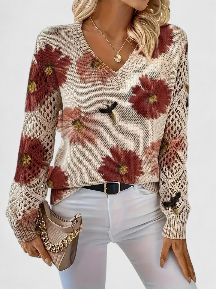 Elegant Pullover Sweater for Women V-Neck Floral-Crochet