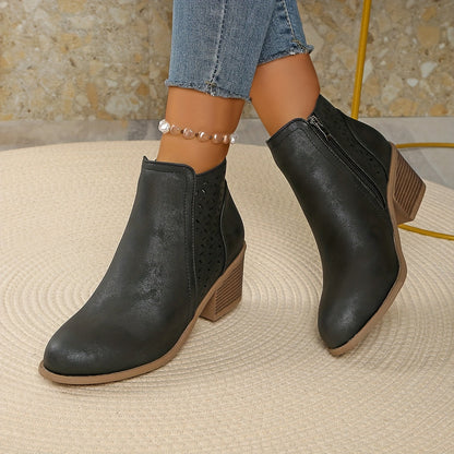 Stylish Ankle Boots for Women Perforated Zip-Up Block-Heel