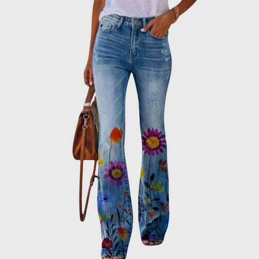Effortless Flared Jeans for Women Relaxed Floral-Embroidered Distressed