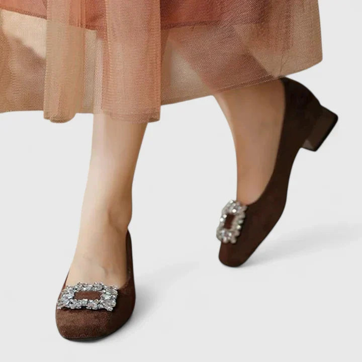 Elegant Ballet Flats for Women Crystal-Buckle Velvet Round-Toe