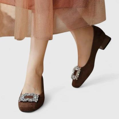 Elegant Ballet Flats for Women Crystal-Buckle Velvet Round-Toe