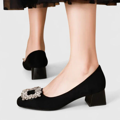 Elegant Ballet Flats for Women Crystal-Buckle Velvet Round-Toe