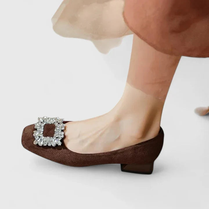 Elegant Ballet Flats for Women Crystal-Buckle Velvet Round-Toe