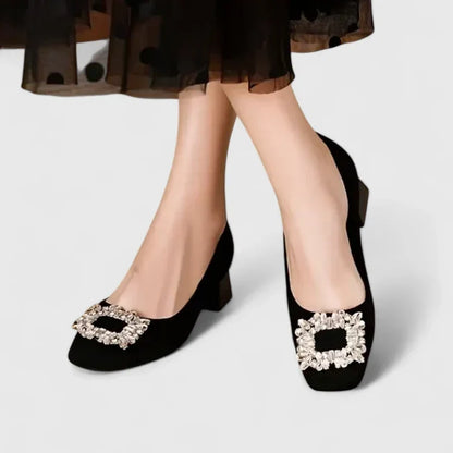 Elegant Ballet Flats for Women Crystal-Buckle Velvet Round-Toe