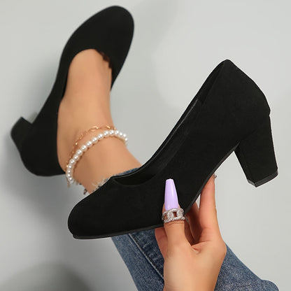 Elegant Pumps for Women Block-Heel Round-Toe Suede