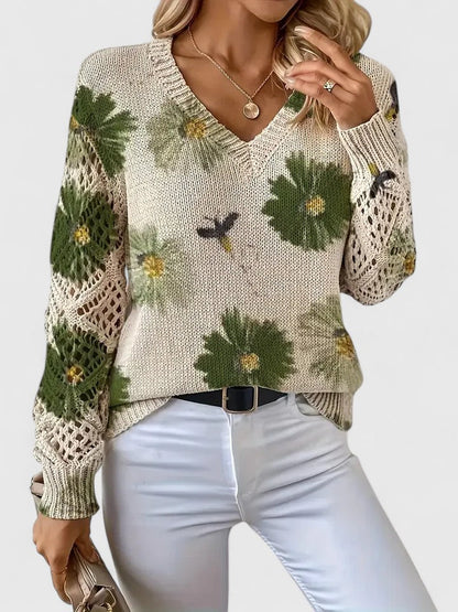 Elegant Pullover Sweater for Women V-Neck Floral-Crochet
