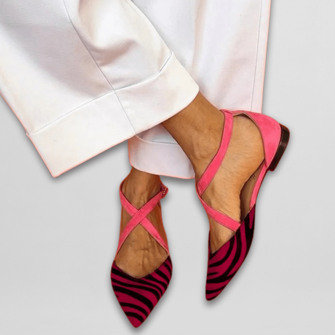 Effortless Pointed Flats for Women Crisscross-Strap Zebra-Print