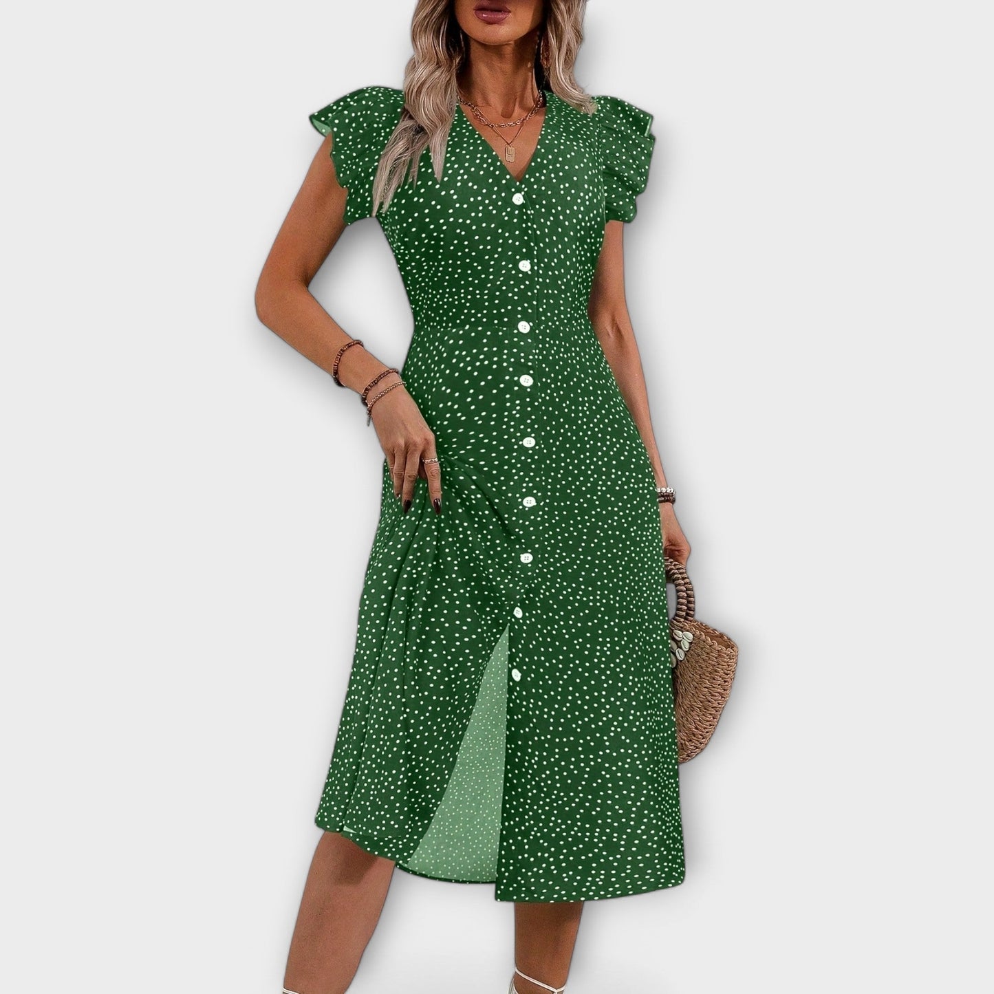 Elegant A-Line Dress for Women Polka-Dot Button-Front Flutter-Sleeve