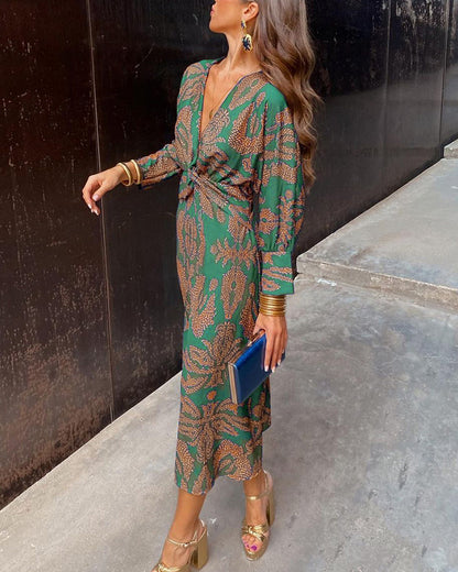 Elegant Wrap Dress for Women Long-Sleeve Floral-Print