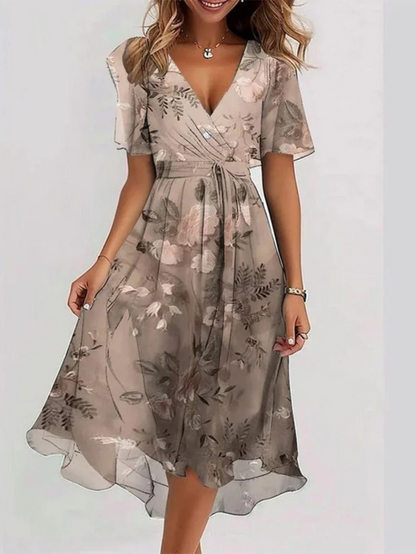 Elegant Wrap Midi Dress for Women V-Neck Floral-Print