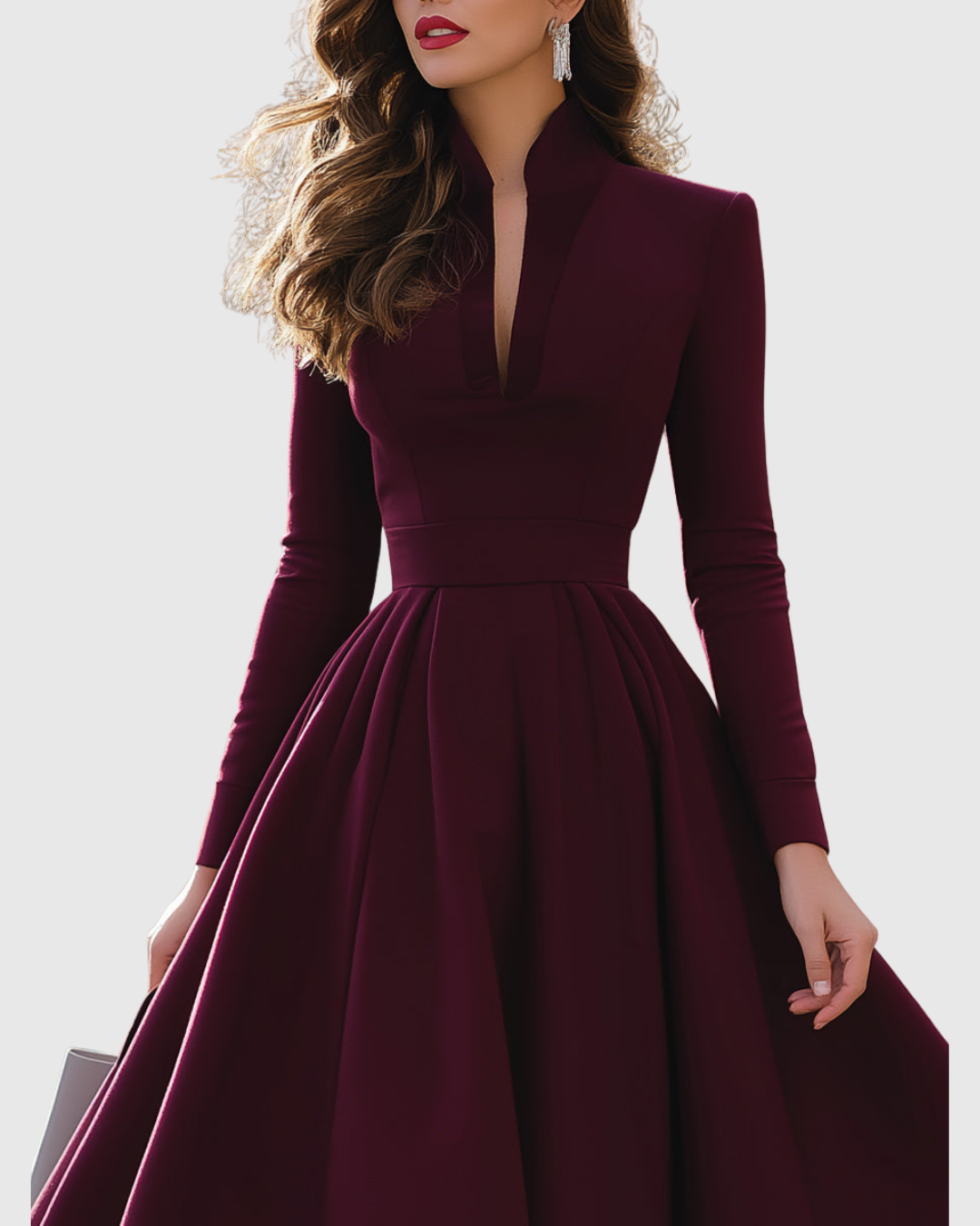 Elegant Midi Dress for Women V-Neck Long-Sleeve