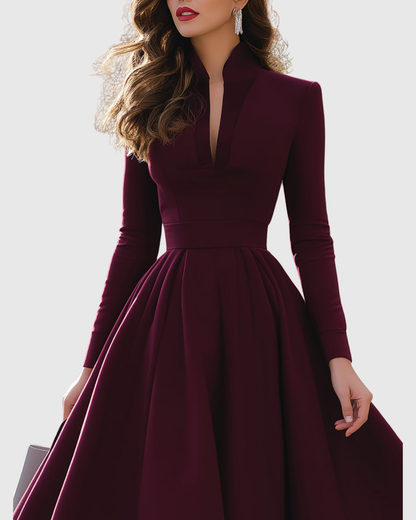 Elegant Midi Dress for Women V-Neck Long-Sleeve