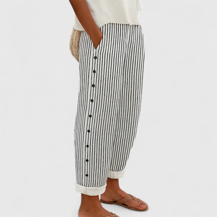 Stylish Cropped Pants for Women Striped Button-Trim Wide-Leg