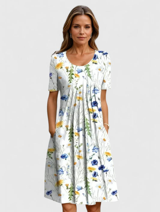 Elegant Floral-Print Dress for Women Short-Sleeve Fit-Flare Pockets