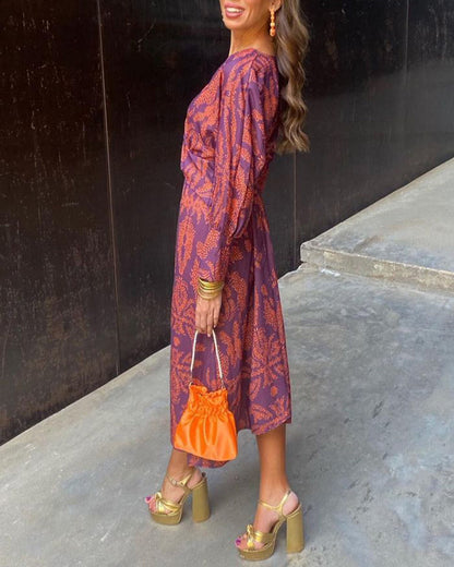 Elegant Wrap Dress for Women Long-Sleeve Floral-Print