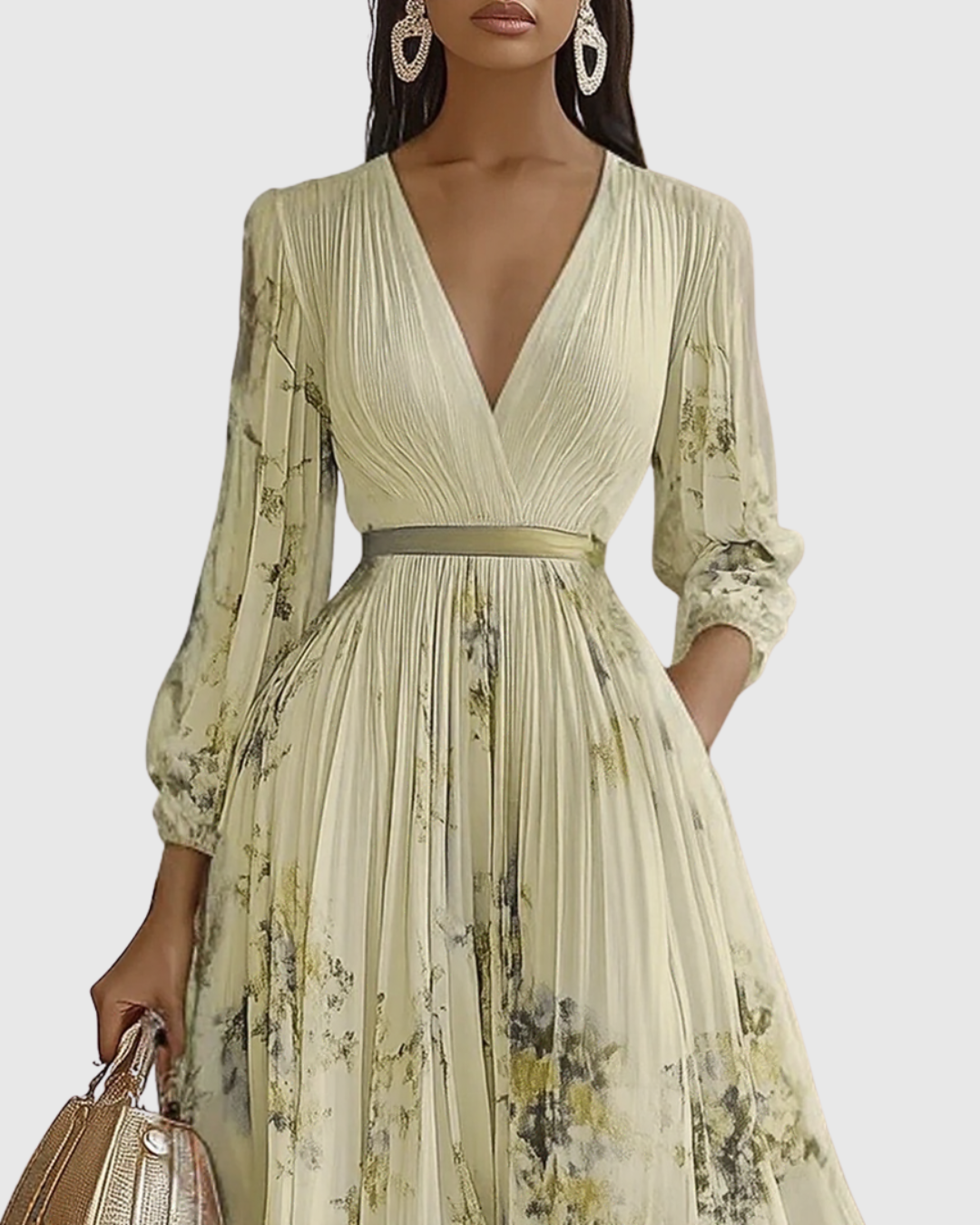 Elegant Pleated Maxi Dress for Women V-Neck Sleeveless Floral-Print