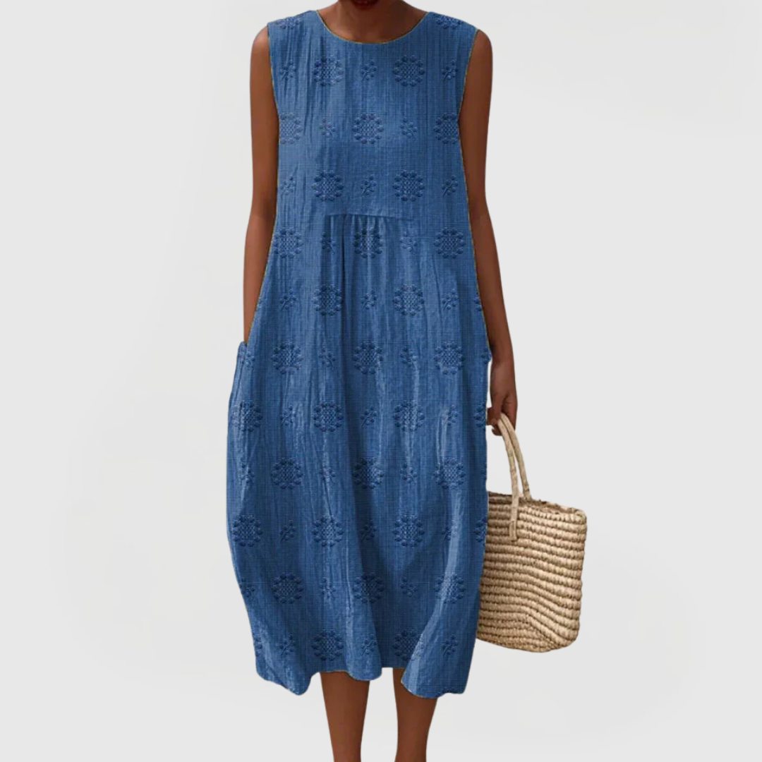 Elegant Midi Dress for Women Round-Neck Sleeveless Textured
