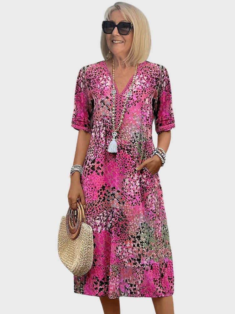 Elegant Midi Dress for Women Floral-Print V-Neck