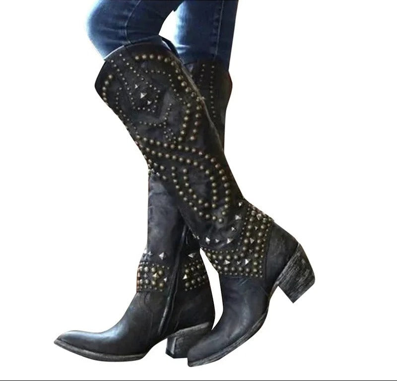 Stylish Knee-High Boots for Women Studded Western Pointed-Toe