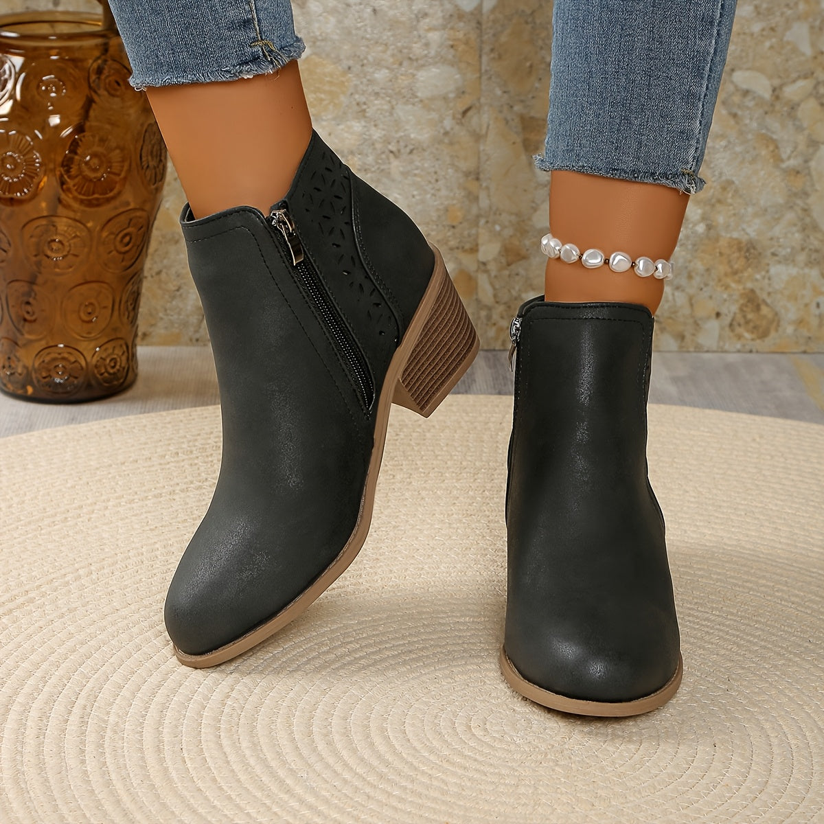 Stylish Ankle Boots for Women Perforated Zip-Up Block-Heel