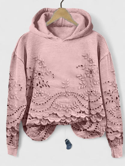 Comfortable Hoodie for Women Floral-Embroidered Eyelet Scalloped-Hem