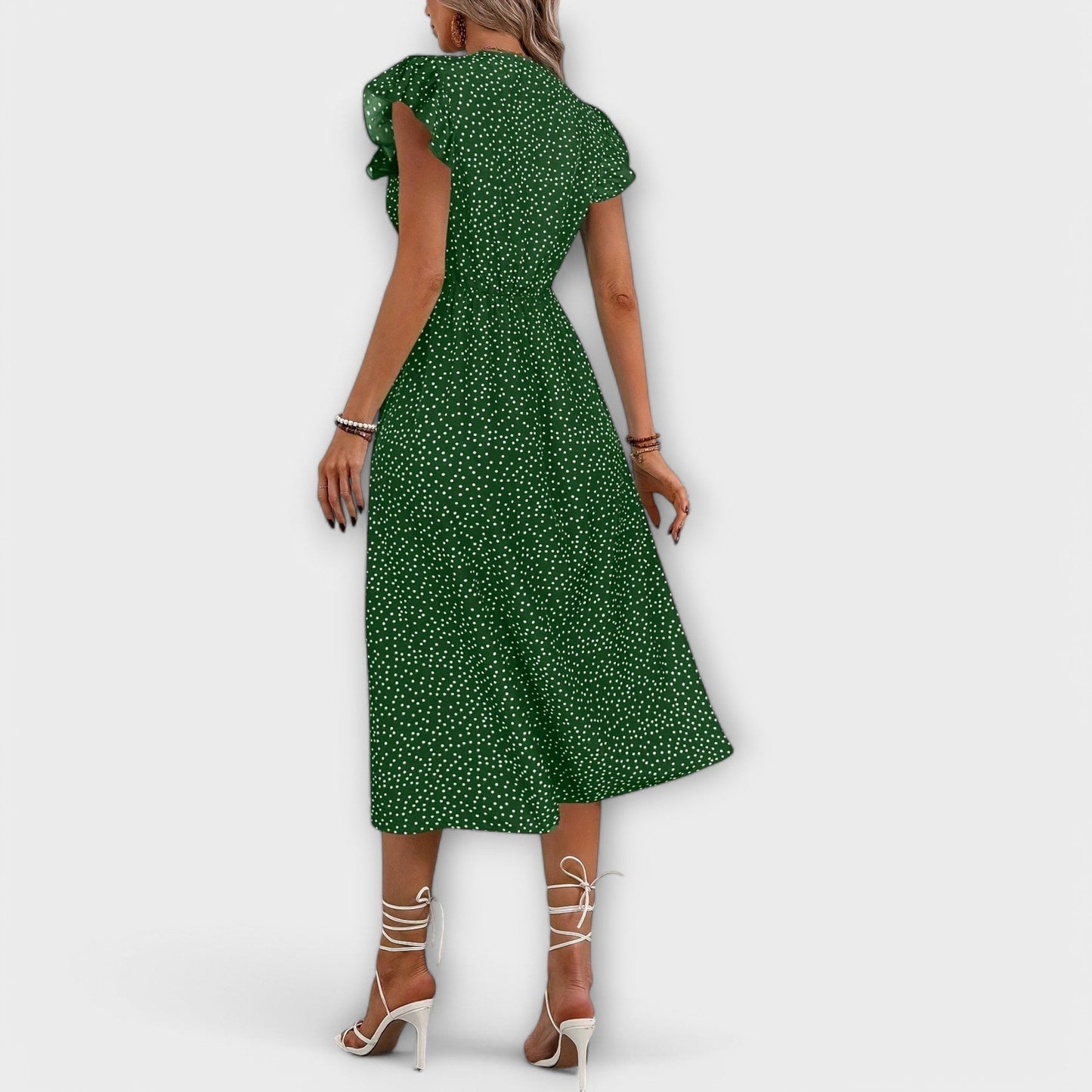 Elegant A-Line Dress for Women Polka-Dot Button-Front Flutter-Sleeve