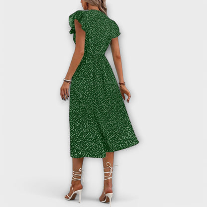 Elegant A-Line Dress for Women Polka-Dot Button-Front Flutter-Sleeve