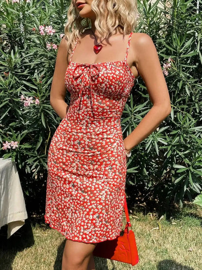Stylish Mini Dress for Women Floral Ruched Spaghetti-Strap