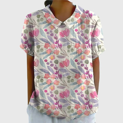 Elegant Blouse for Women Floral-Print Short-Sleeve Collared