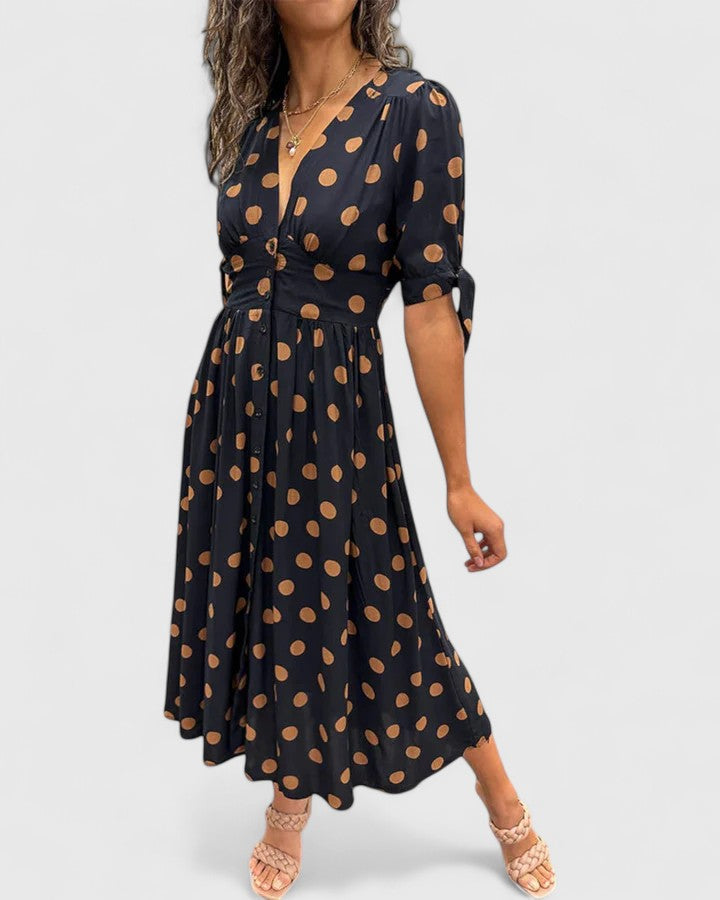 Elegant Midi Dress for Women Polka-Dot V-Neck