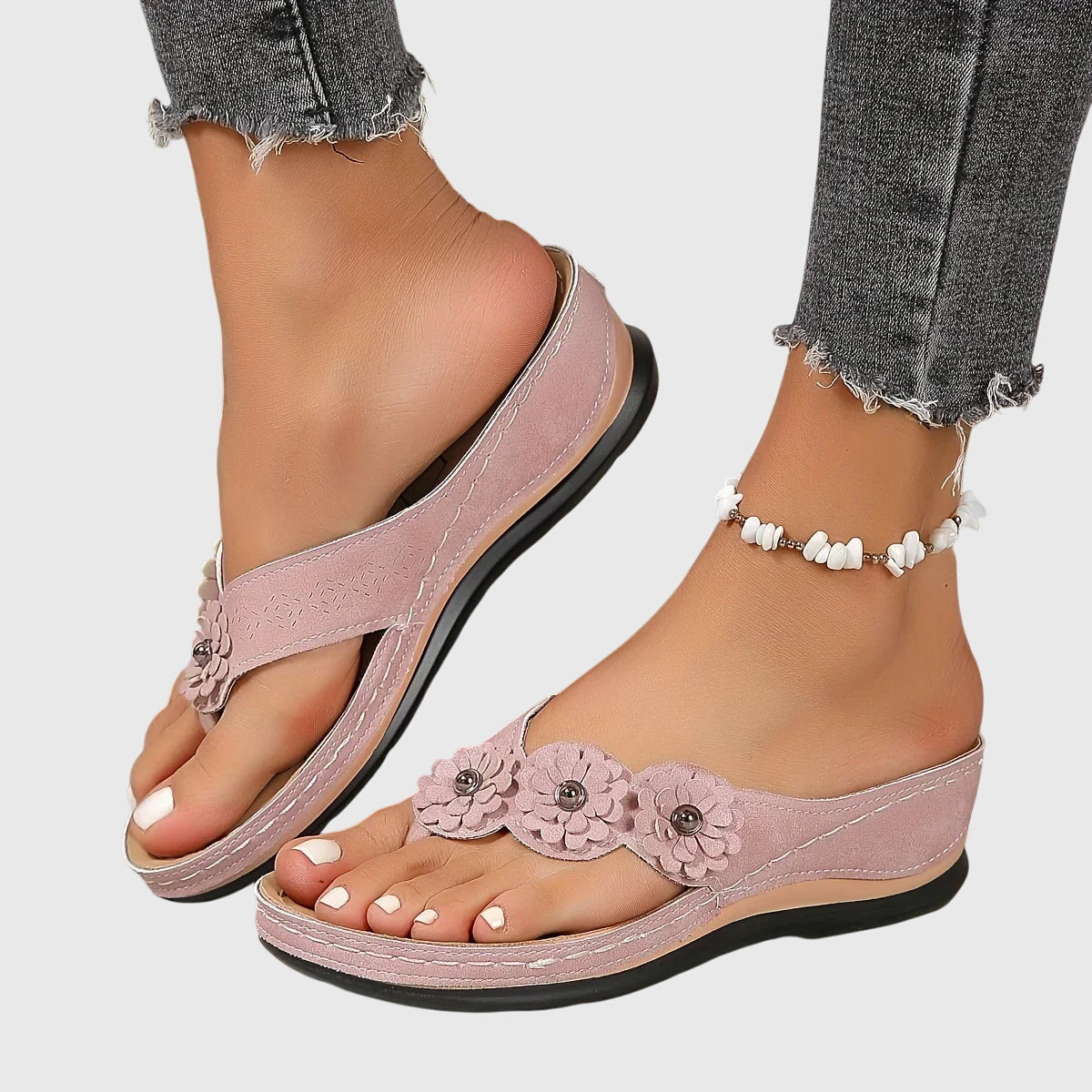 Comfortable Thong Sandals for Women Floral-Appliqué Wedge Slip-On
