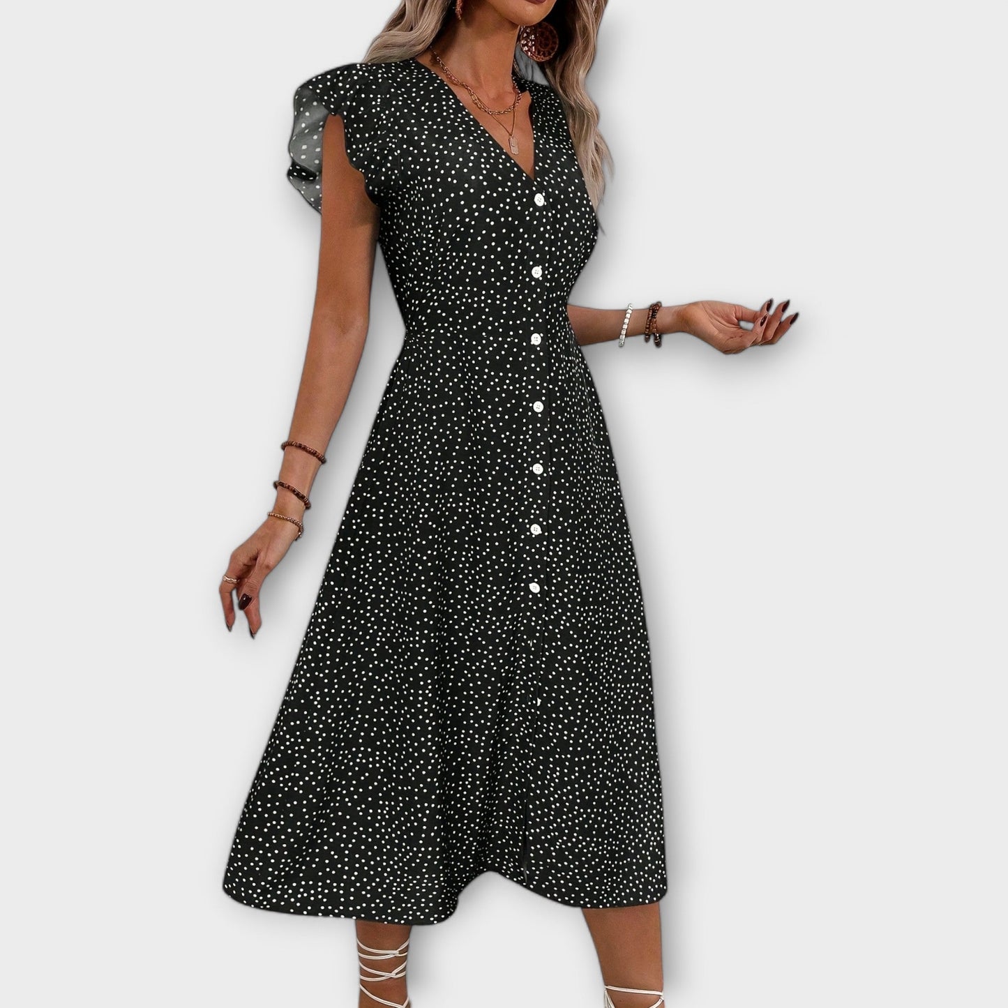 Elegant A-Line Dress for Women Polka-Dot Button-Front Flutter-Sleeve