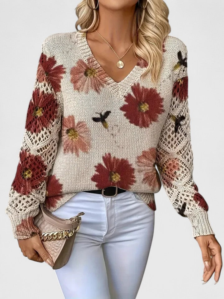 Elegant Pullover Sweater for Women V-Neck Floral-Crochet
