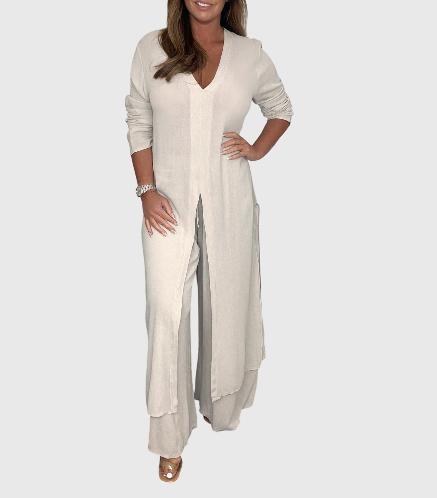 Elegant Two-Piece Set for Women V-Neck Tunic Wide-Leg
