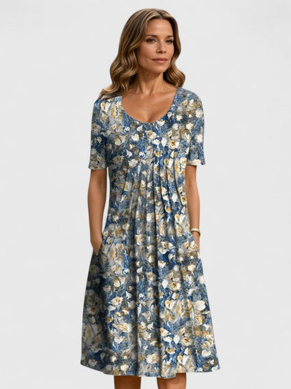Elegant Floral-Print Dress for Women Short-Sleeve Fit-Flare Pockets