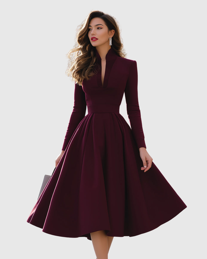 Elegant Midi Dress for Women V-Neck Long-Sleeve